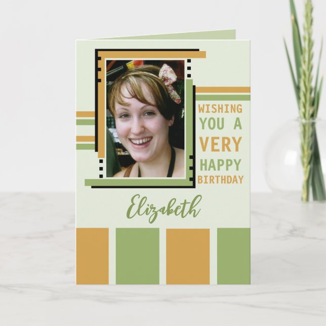 Wishing you happy birthday photo green gold card (Front)