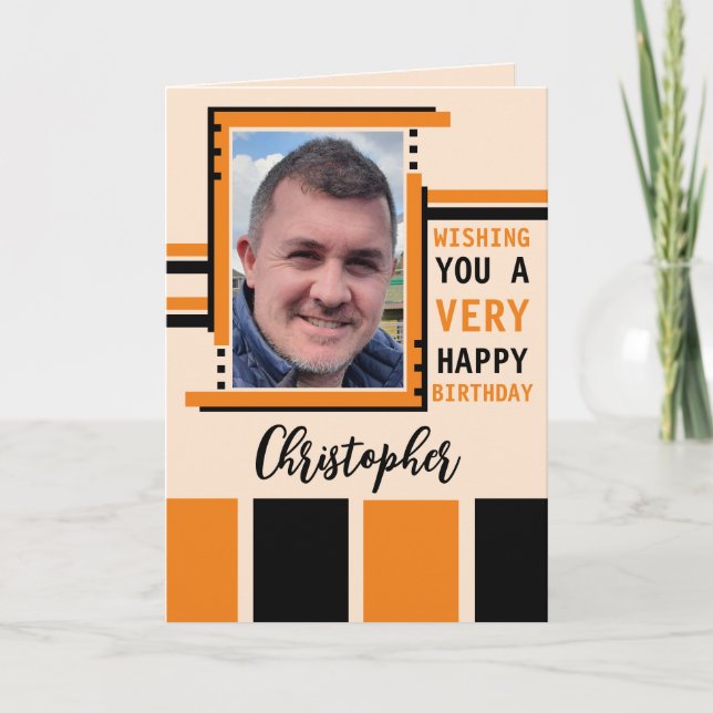Wishing you happy birthday photo orange black card (Front)
