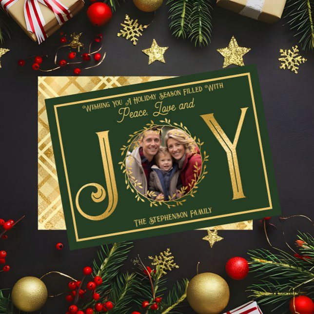 Wishing You Holiday Season Peace Love and Joy ("Wishing You A Season ... Peace Love and Joy" Faux Foil Photo Green Christmas Holiday Flat Card )