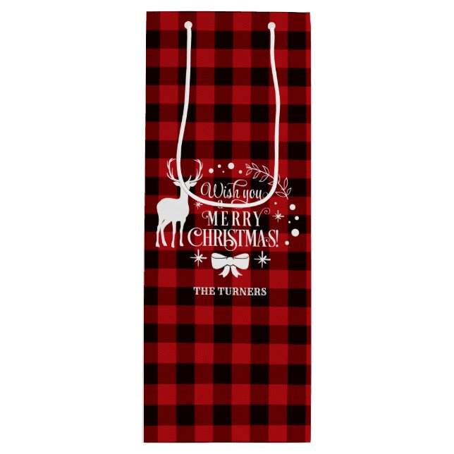 Wishing You Merry Christmas Red Buffalo Monogram Wine Gift Bag (Front)