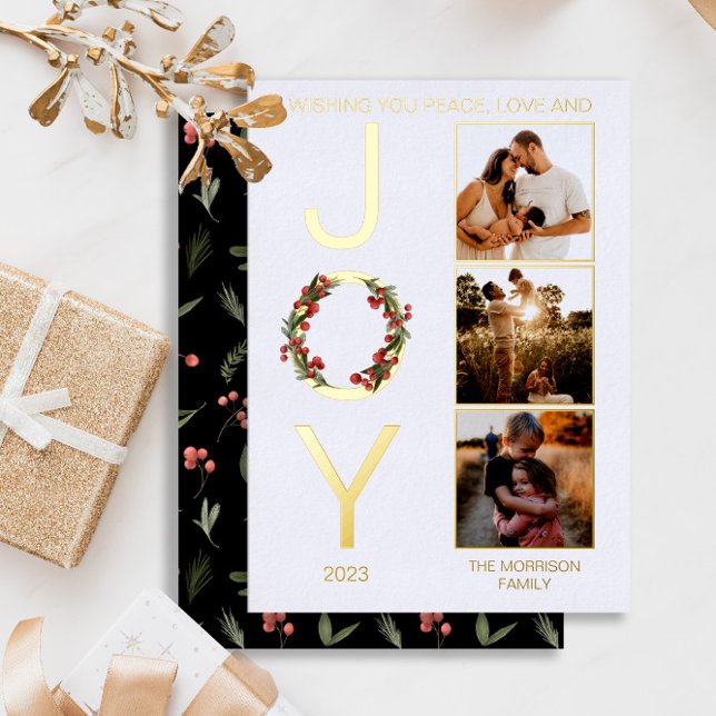 Wishing You Peace Love and Joy 3 Photo Christmas (Real gold foil "Wishing You Peace, Love and JOY" Christmas Holiday Three-Photo Card)