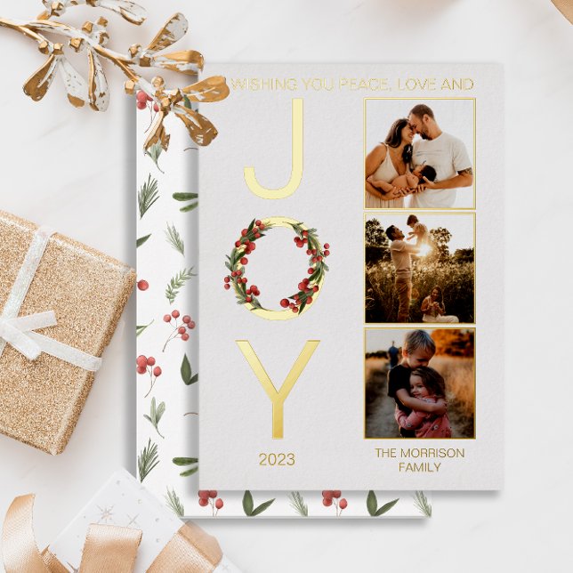 Wishing You Peace Love and Joy 3 Photo Christmas (Real gold foil "Wishing You Peace, Love and JOY" Christmas Holiday Three-Photo Card)