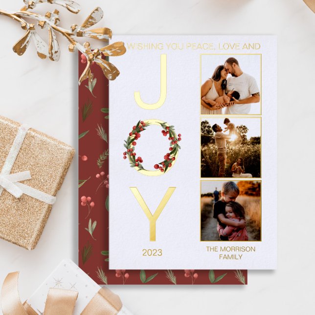 Wishing You Peace Love and Joy 3 Photo Christmas (Real gold foil "Wishing You Peace, Love and JOY" Christmas Holiday Three-Photo Card)