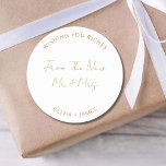 Wishing You Riches From The New Mr Mrs Wedding Bag Classic Round Sticker<br><div class="desc">Wishing You Riches From The New Mr Mrs Wedding Bag Classic Round Sticker</div>