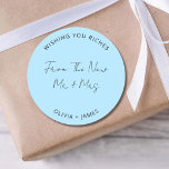 Wishing You Riches From The New Mr Mrs Wedding Bag Classic Round Sticker<br><div class="desc">Wishing You Riches From The New Mr Mrs Wedding Bag Classic Round Sticker</div>