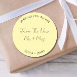 Wishing You Riches From The New Mr Mrs Wedding Bag Classic Round Sticker<br><div class="desc">Wishing You Riches From The New Mr Mrs Wedding Bag Classic Round Sticker</div>