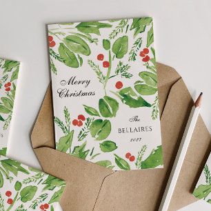 Wispy Holly Green and Red Watercolor Christmas Holiday Card