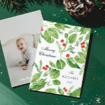 Wispy Holly Green and Red Watercolor Photo Holiday Card<br><div class="desc">Beautiful watercolor painted leaves and berries float through this flat holiday card. Wispy holly and elegant fonts adorn the front of the card while a personalised photo and script signature take on the back. If you delete the photo, the background will be a coordinating red. Original art and design by...</div>