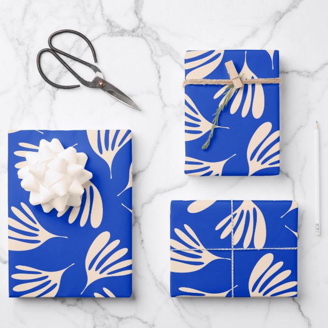 Wispy Leaves Contemporary Pattern in Bright Blue Wrapping Paper Sheet (Front)