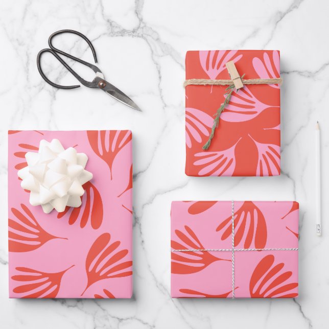 Wispy Leaves Contemporary Pattern Pink Orange-Red Wrapping Paper Sheet (Front)