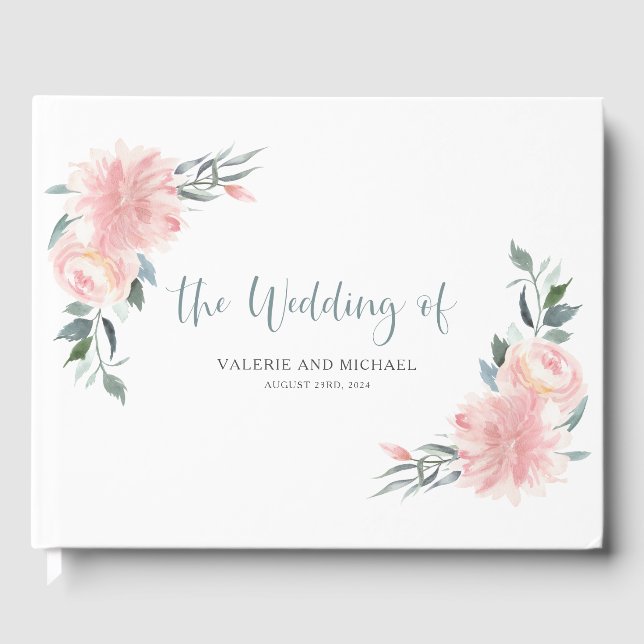 Wispy Pink Watercolor Floral Wedding Guest Book (Front)