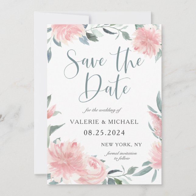 Wispy Pink Watercolor Floral Wedding Save the Date (Front)