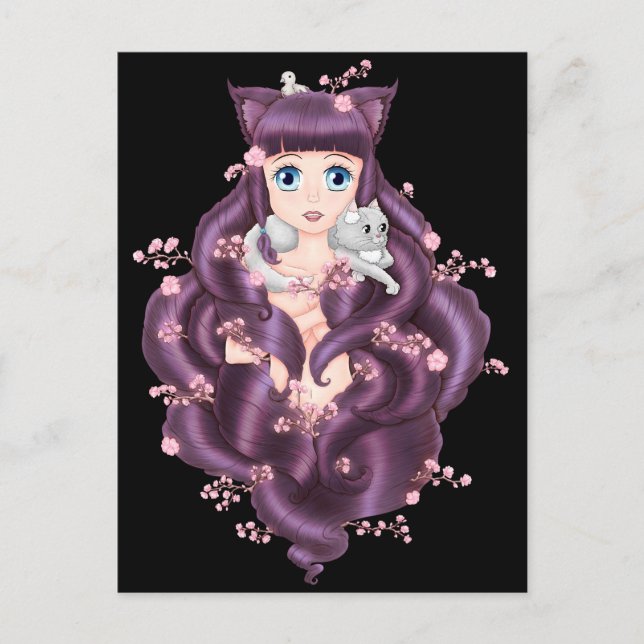 Wispy Purple Haired Neko Anime Girl Postcard (Front)