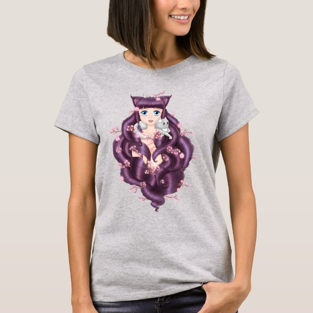 Wispy Purple Haired Neko Anime Girl T-Shirt (Front)