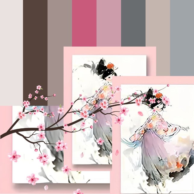 Wispy Watercolor | Dancing Japanese Girl Postcard (Watercolor -Wispy - Pink -Ethereal Dreams - Swirl Beneath Cherry Blossoms)