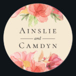 Wispy Watercolor Floral Champagne Classic Round Sticker<br><div class="desc">Beautiful soft watercolor flowers and foliage in red,  orange and peach on champagne background,  personalised sticker. Designed to match our Wispy Watercolor Collection.</div>