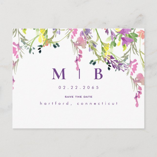 Wispy Wildflowers Monogram Save the Date Postcard (Front)
