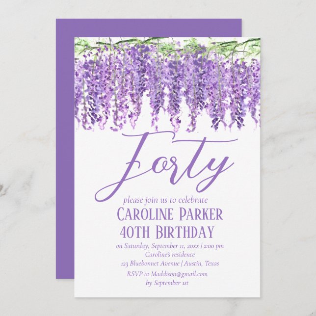 Wisteria 40th Birthday Purple Floral Violet Invitation (Front/Back)