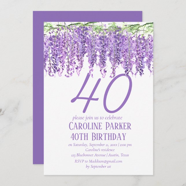 Wisteria 40th Birthday Purple Floral Violet Invitation (Front/Back)