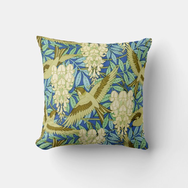 Wisteria and Birds Art Nouveau Floral Cushion (Front)
