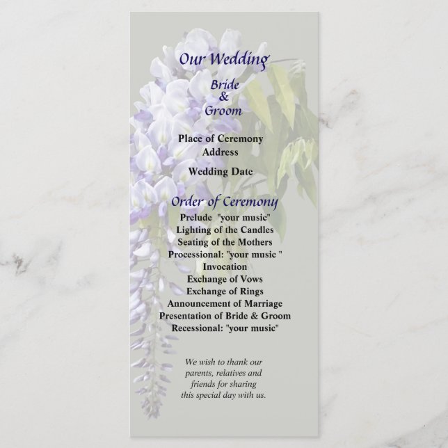 Wisteria and Leaves Wedding Program Programme (Front)