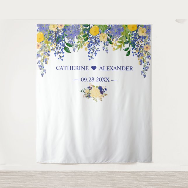 Wisteria Blue & Yellow Floral Wedding Backdrops Tapestry (Front)