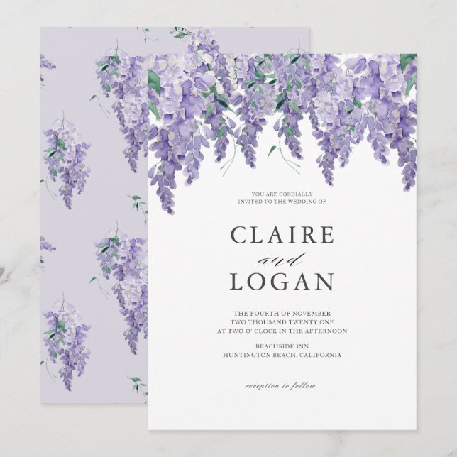 Wisteria Dusty Purple Watercolor Wedding Invitatio Invitation (Front/Back)