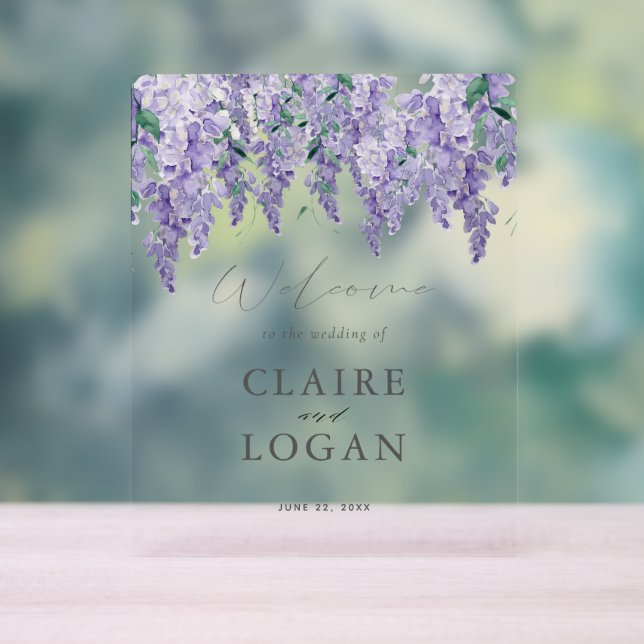 Wisteria Dusty Purple Watercolor Wedding Welcome Acrylic Sign (Neutral)