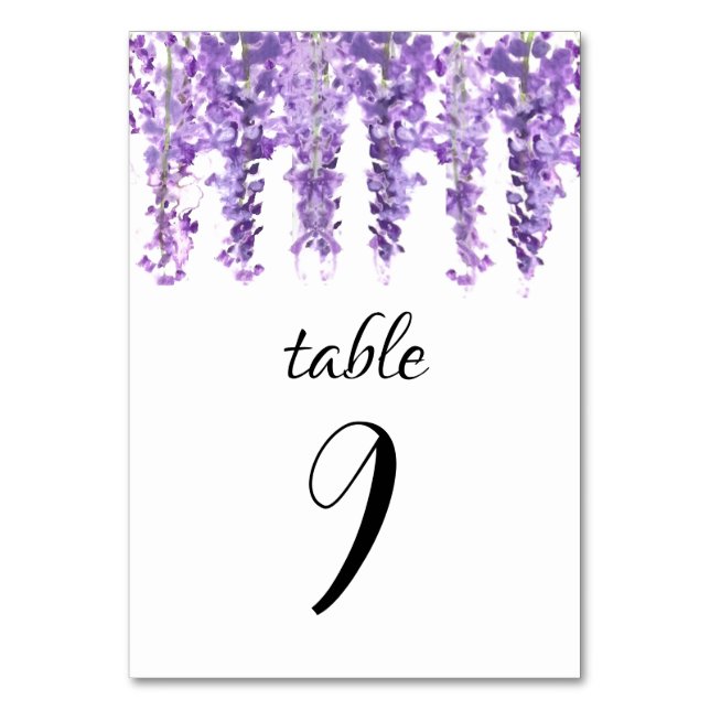 Wisteria Floral Purple Elegant Flowers Wedding Table Number (Front)