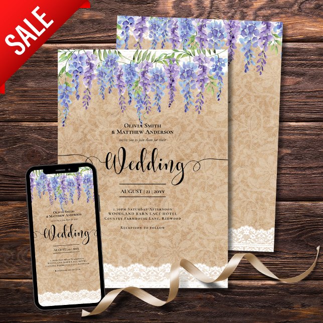 Wisteria Floral Wedding Rustic Kraft Lace Look Invitation (Creator Uploaded)