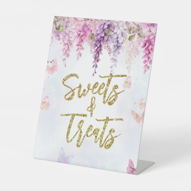 Wisteria Glitter Butterfly Birthday Sweets Treats Pedestal Sign (Front)
