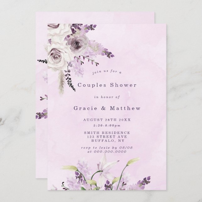 Wisteria Lavender White Rose Couples Shower Invite (Front/Back)