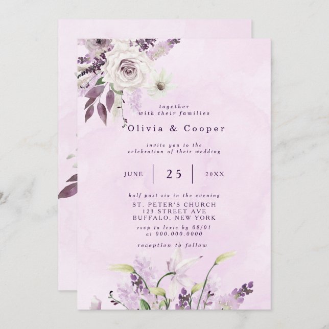Wisteria Lavender White Roses Chic Wedding  Invitation (Front/Back)
