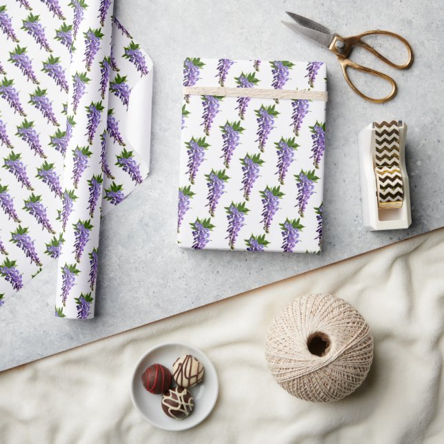 Wisteria Patterns Purple Green White Background Wr Wrapping Paper (Crafts)