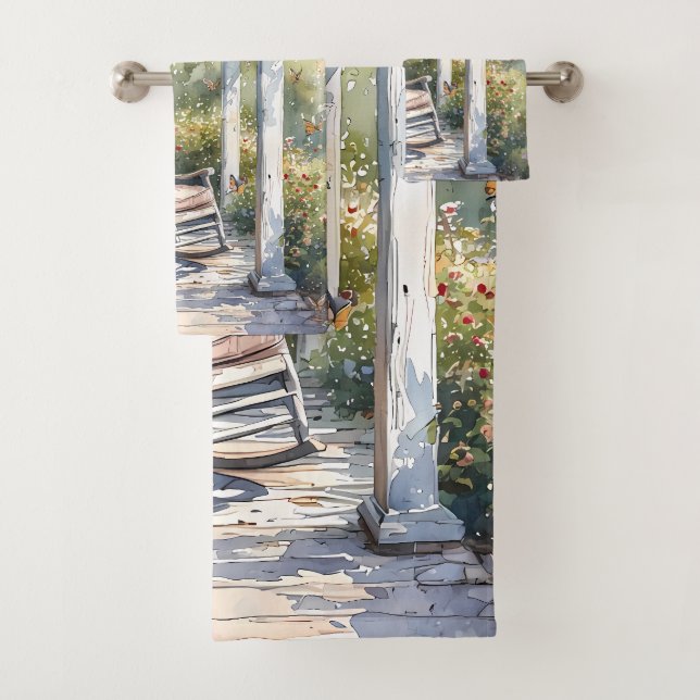 Wisteria Porch Rocking Chair Scene Bath Towel Set (Insitu)