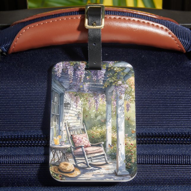 Wisteria Porch Rocking Chair Scene Luggage Tag (Front Insitu 2)