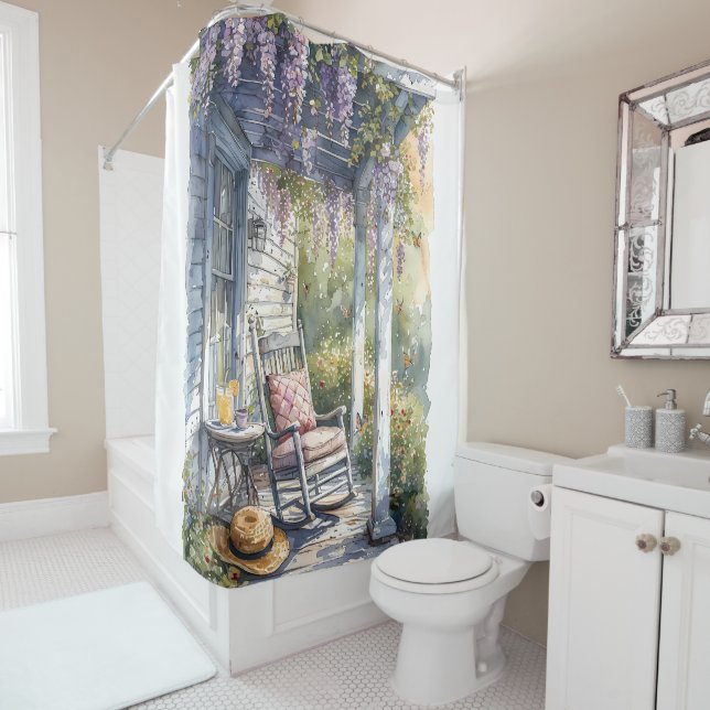 Wisteria Porch Rocking Chair Scene Shower Curtain (In Situ)