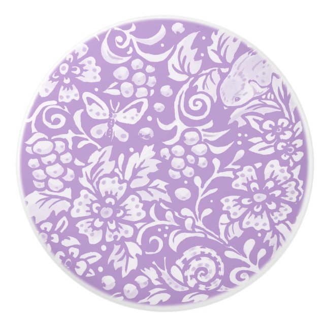 Wisteria Purple Bird Floral Insect Woodland Pretty Ceramic Knob (Front)