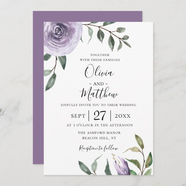 Wisteria Purple Botanical Wedding Invitation (Front/Back)