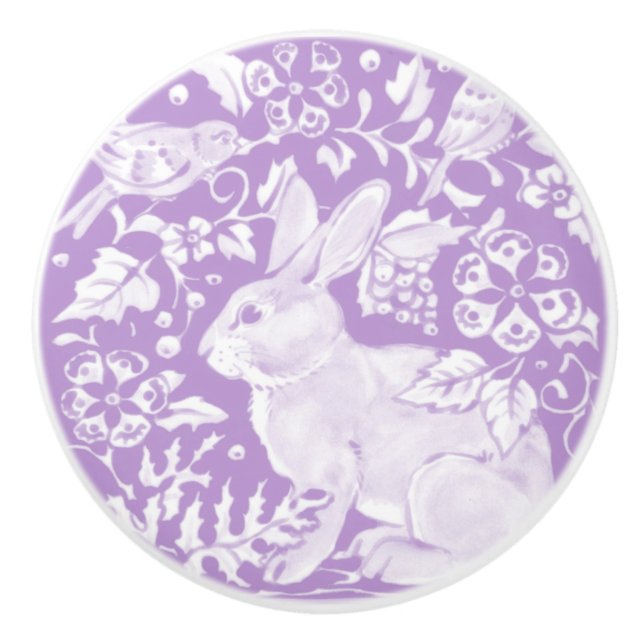 Wisteria Purple Bunny Rabbit Bird Woodland Animal  Ceramic Knob (Front)