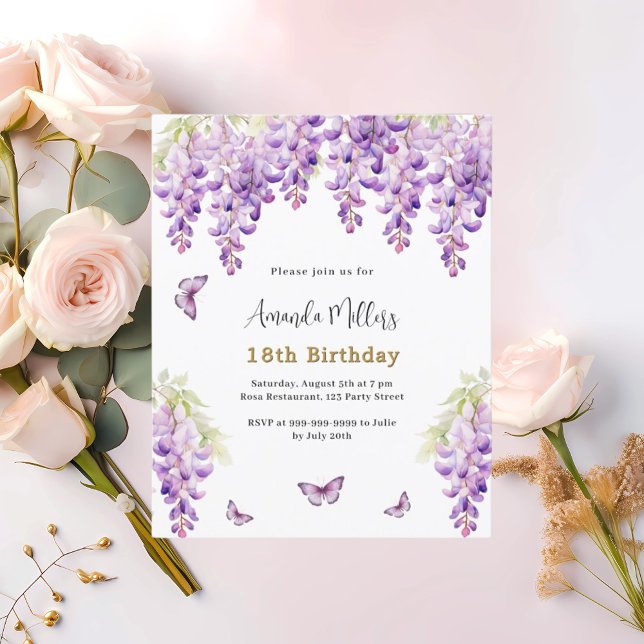 Wisteria purple butterfly birthday invitation (Creator Uploaded)