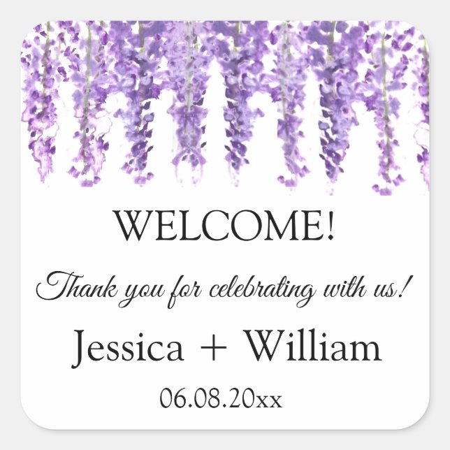 Wisteria Purple Floral Bride and Groom Wedding Square Sticker (Front)