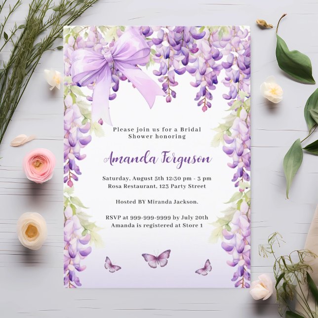 Wisteria purple floral butterfly bow Bridal Shower Invitation (Creator Uploaded)