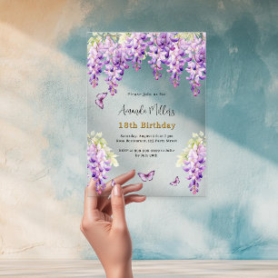 Wisteria purple florals butterflies clear birthday acrylic invitations