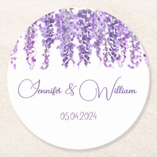 Wisteria Purple flower watercolor Floral Wedding Round Paper Coaster