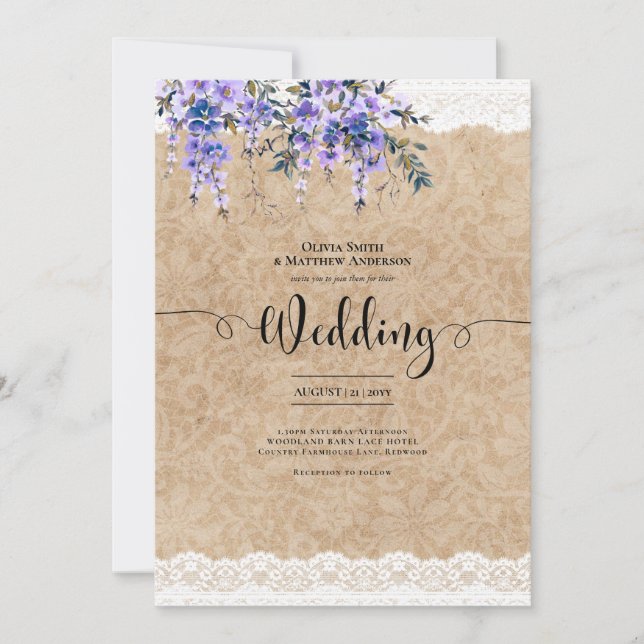 Wisteria Purple Flowers Wedding Rustic Lace Look Invitation (Front)