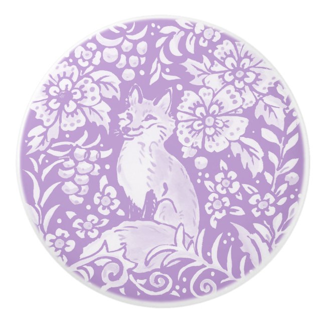 Wisteria Purple Fox Floral Forest Woodland Ceramic Knob (Front)