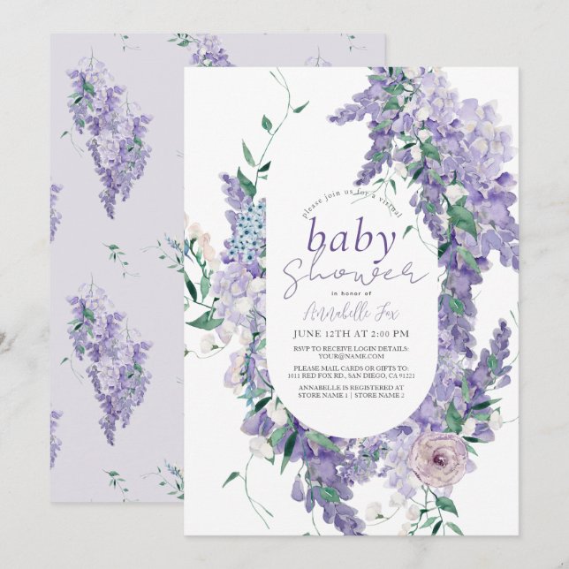 Wisteria Purple Watercolor Virtual Baby Shower Invitation (Front/Back)