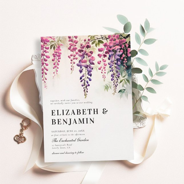 Wisteria Romantic Garden Party Pink Purple Wedding Invitation (wisteria garden party wedding invitation romantic elegant modern formal watercolor floral pink boho)