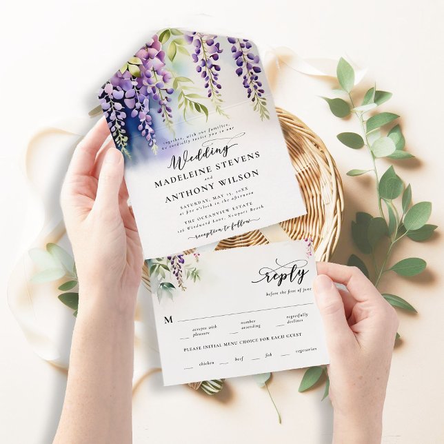 Wisteria Romantic Garden Party Purple Blue Wedding All In One Invitation (wisteria garden party wedding invitation romantic elegant modern formal watercolor floral all in one)